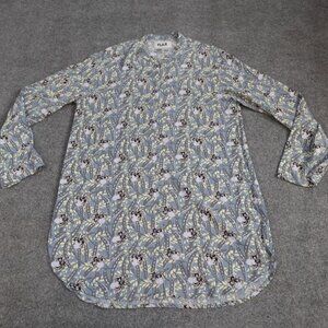 FLAX Womens Shirt Tunic S Blue Floral Print Long Sleeves Rayon Button Front